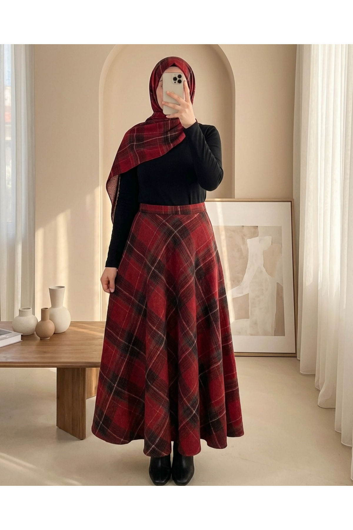 Ekose Desenli Yanı Fermuarlı  Kaşe Çan Etek -Bordo