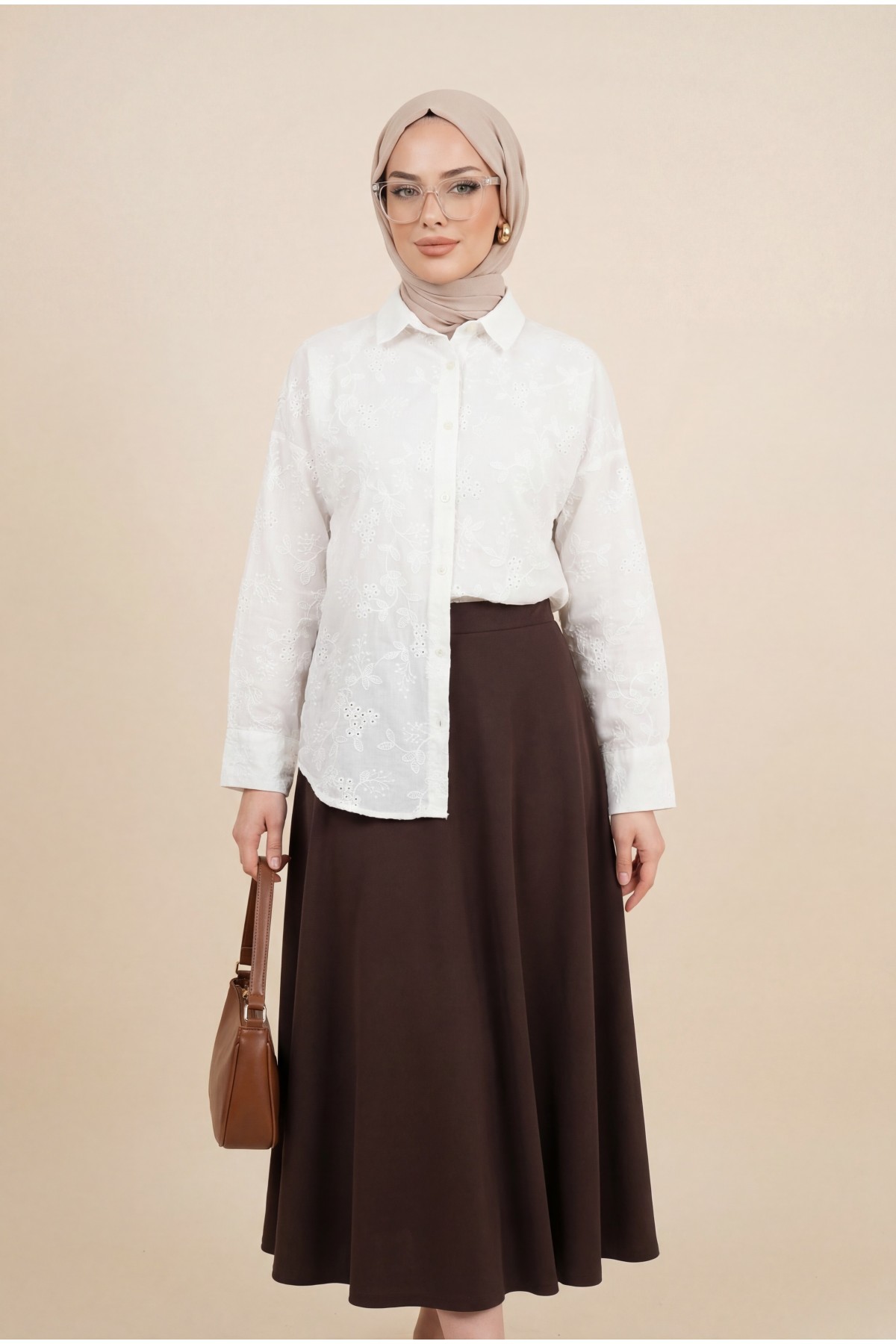 Fistolu Oval Kesim Düğmeli Vual Gömlek -Beyaz