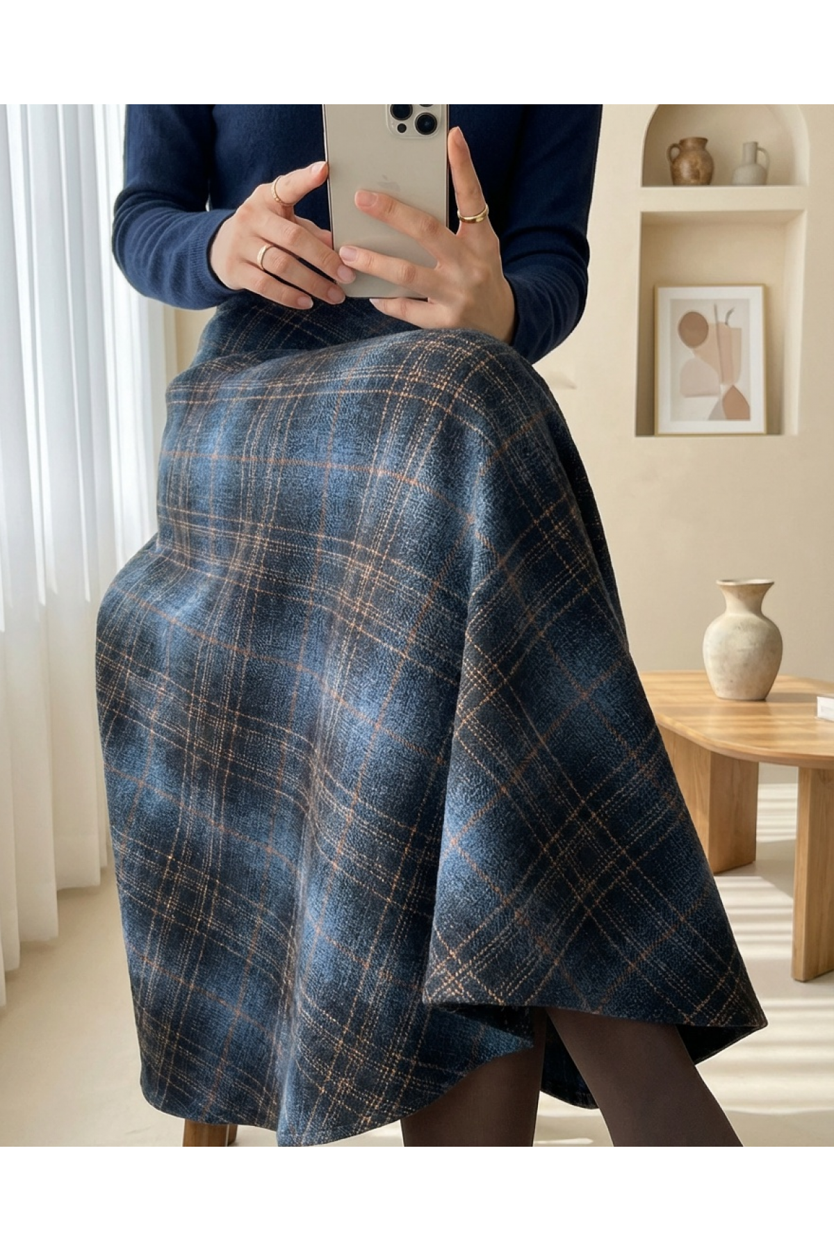 Ekose Desenli Yanı Fermuarlı  Kaşe Çan Etek -Laci