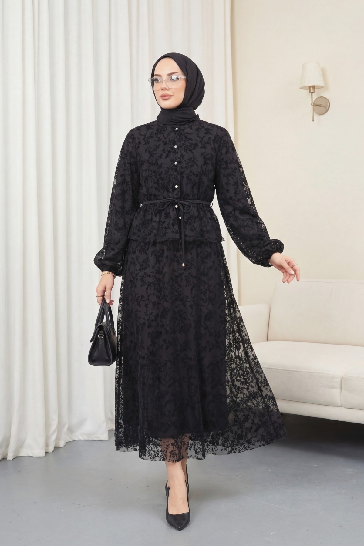 Dik Yaka Flog Baskılı Balon Kol Beli Bağcıklı Etekli Astarlı Tül Takım -Siyah