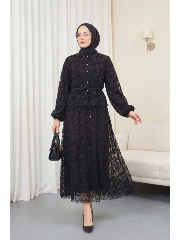 Dik Yaka Flog Baskılı Balon Kol Beli Bağcıklı Etekli Astarlı Tül Takım -Siyah