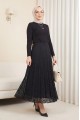 Desenli Astarlı Güpür Dantel Etek -Siyah