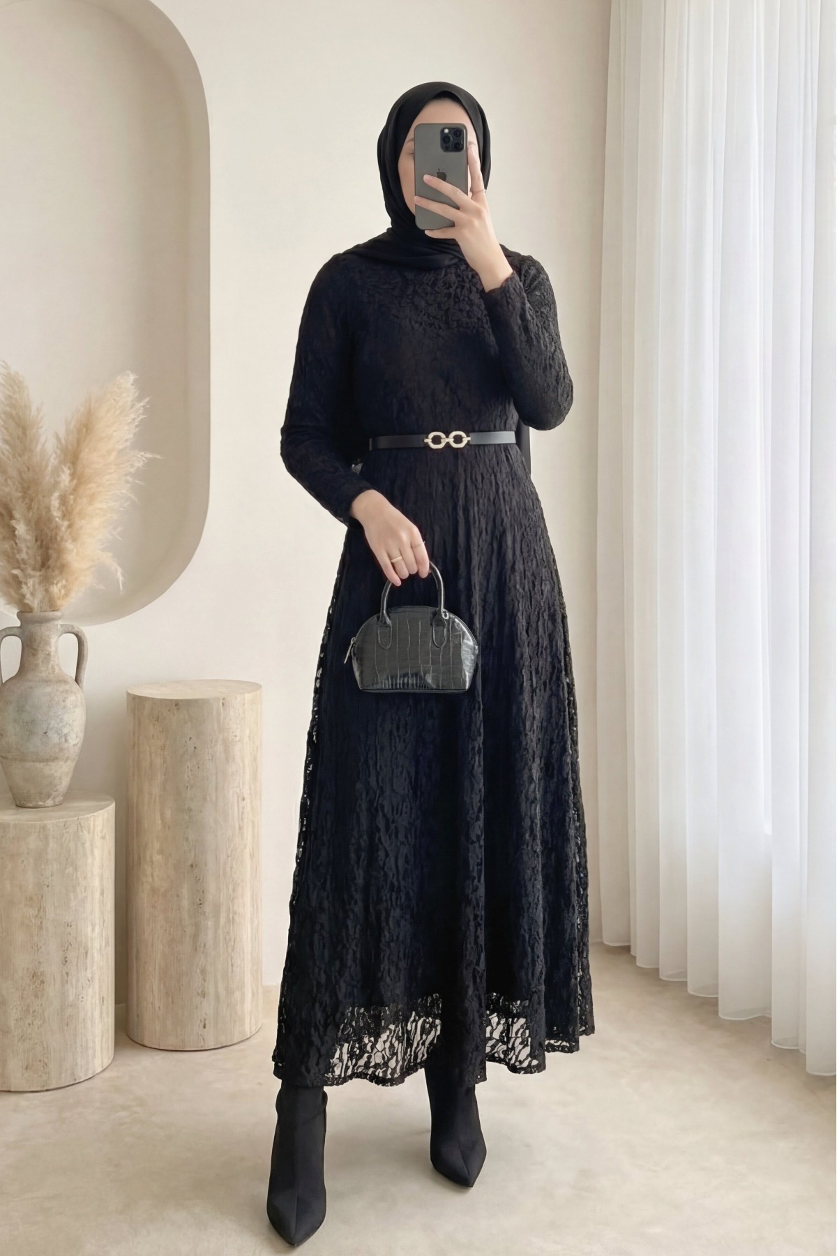 Kemerli Astarlı Güpür Dantel Elbise -Siyah