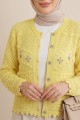 Önü Çiçek Nakışlı Ponponlu Düğmeli Triko Hırka   -Sarı