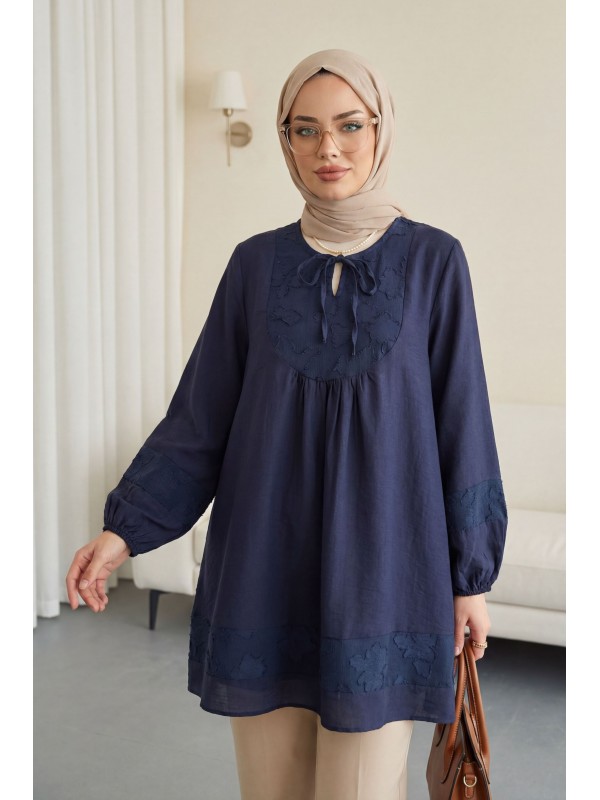 Yakası Bağlamalı Kolu Lastikli Garnili Modal Tunik  -Laci