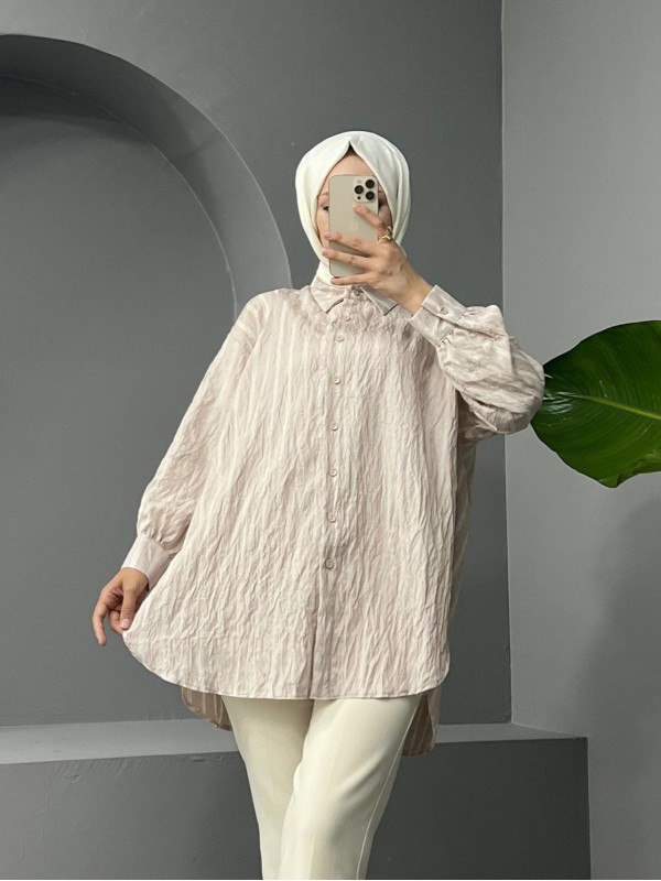 Boydan Düğmeli Arkası Uzun Çizgili Gömlek -Taş