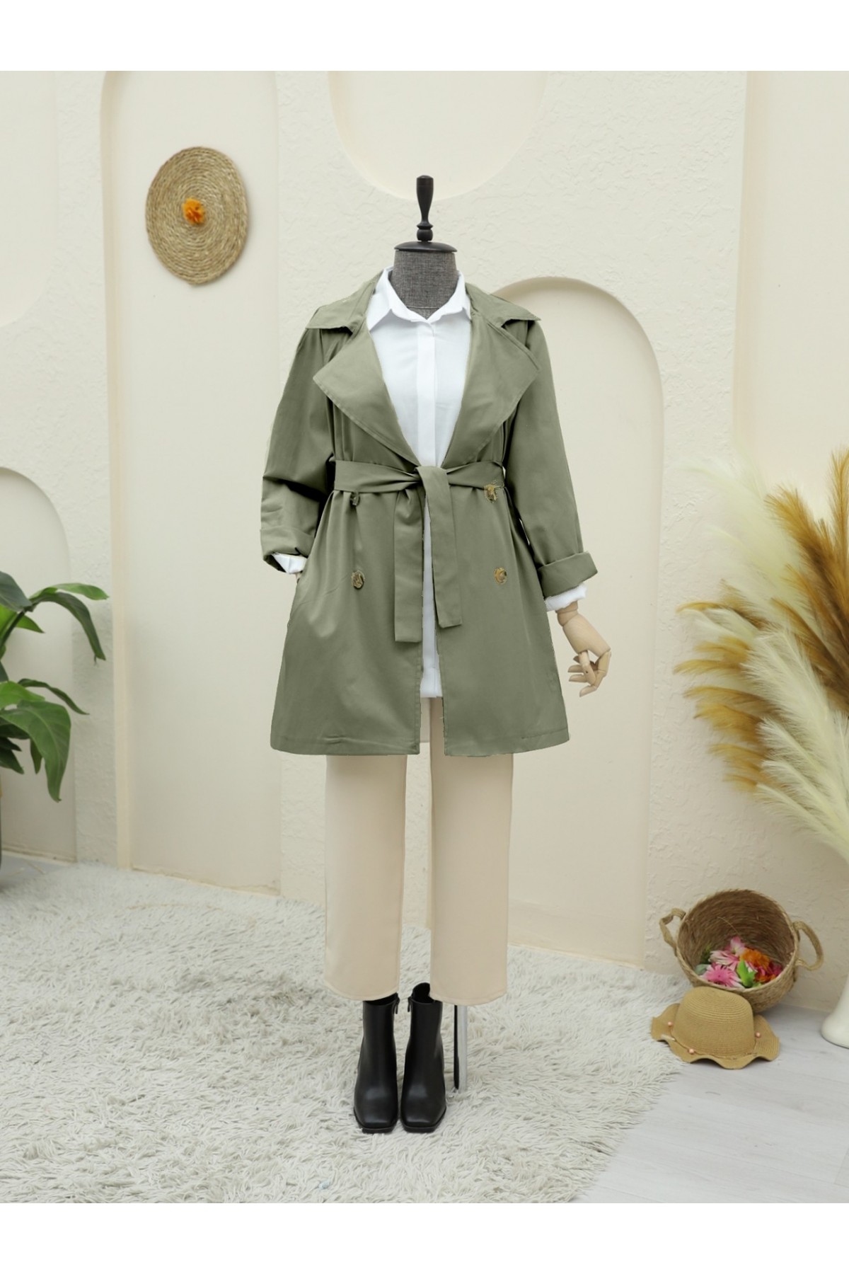 Bolero Detaylı Düğmeli Ara Boy Trençkot -Haki