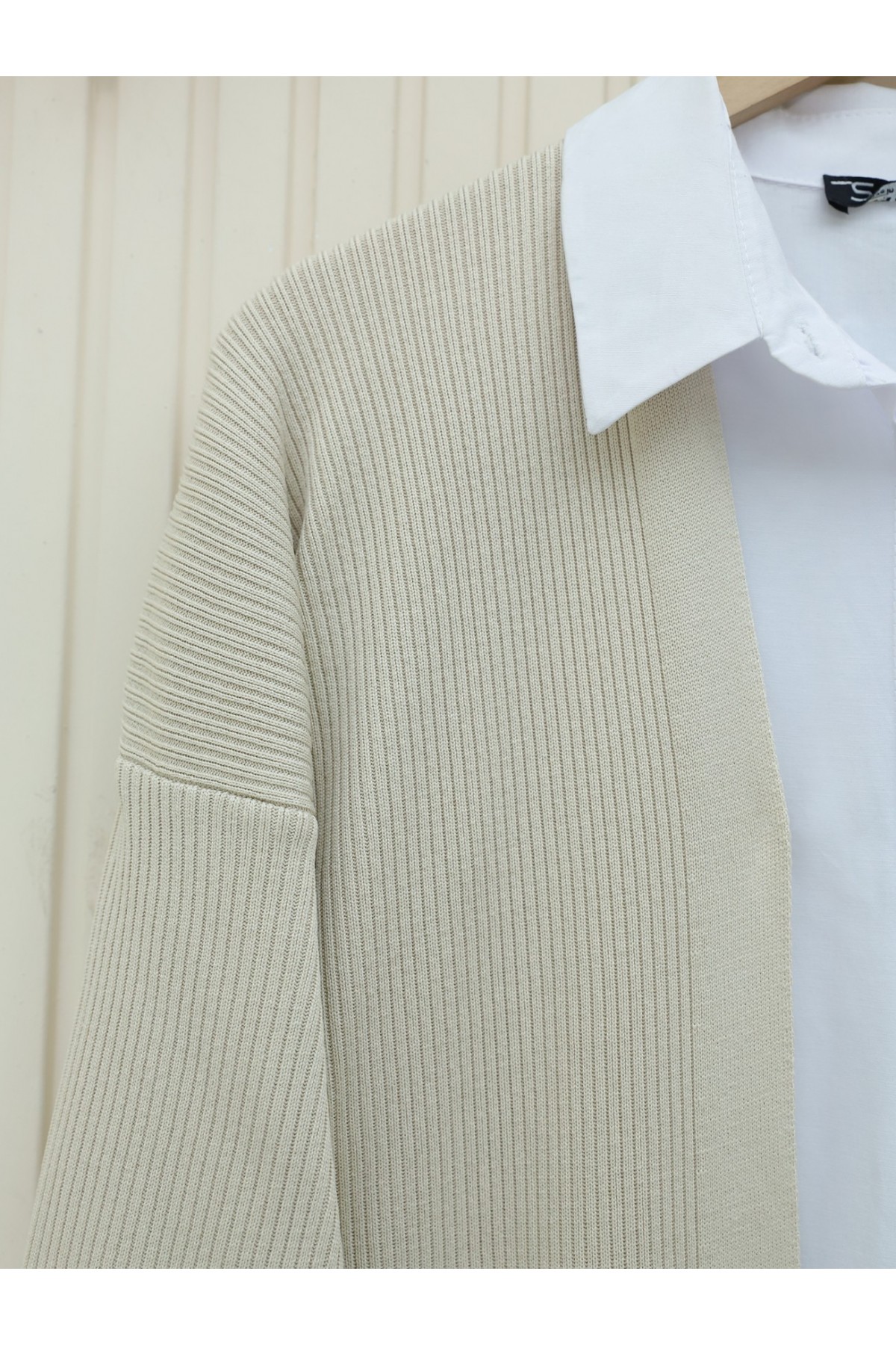 Yanları Yırtmaçlı Fitilli Uzun Triko Hırka -Taş