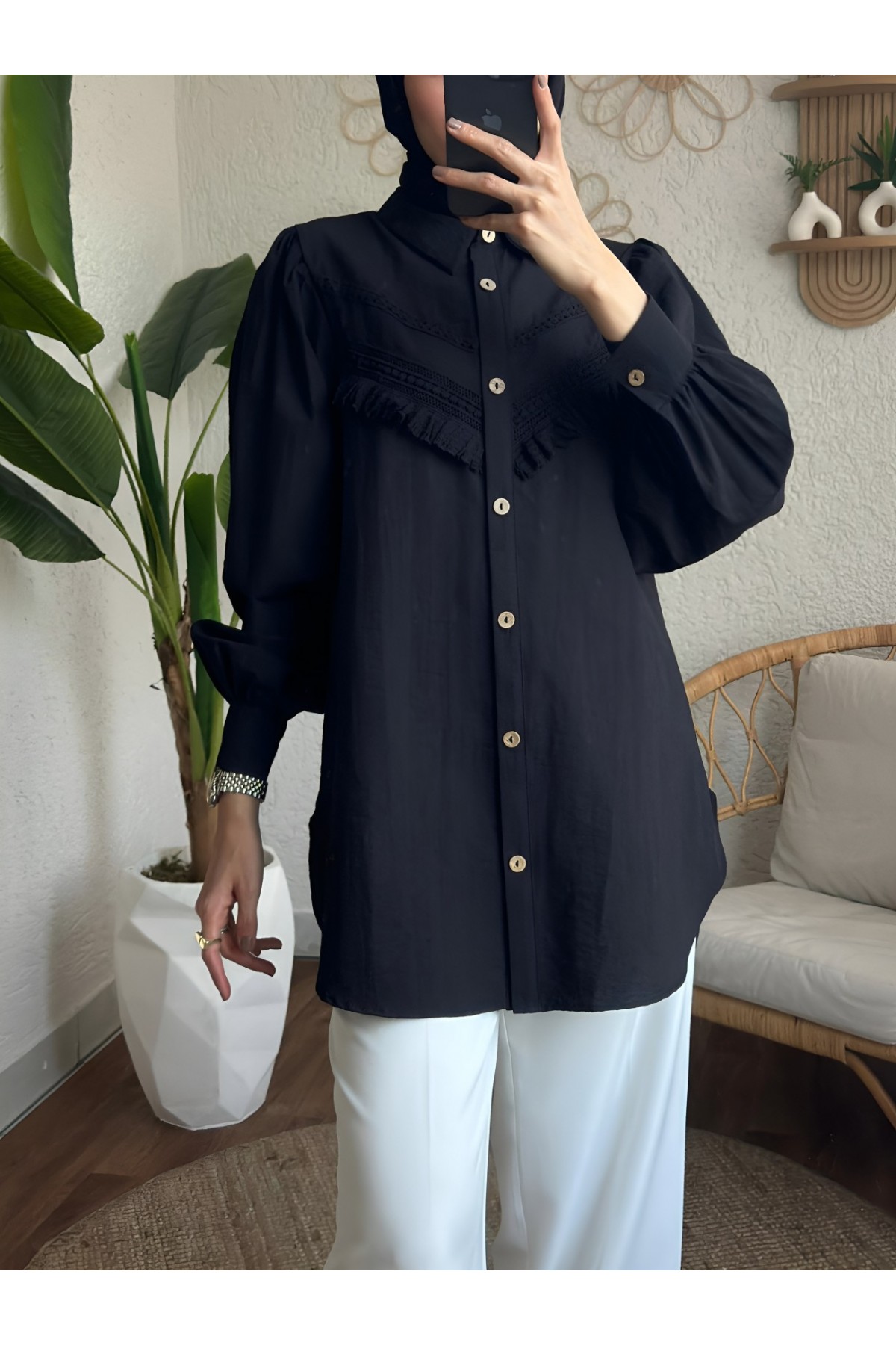 Güpür Püsküllü Ham Cupra Balon Kol Gömlek -Siyah