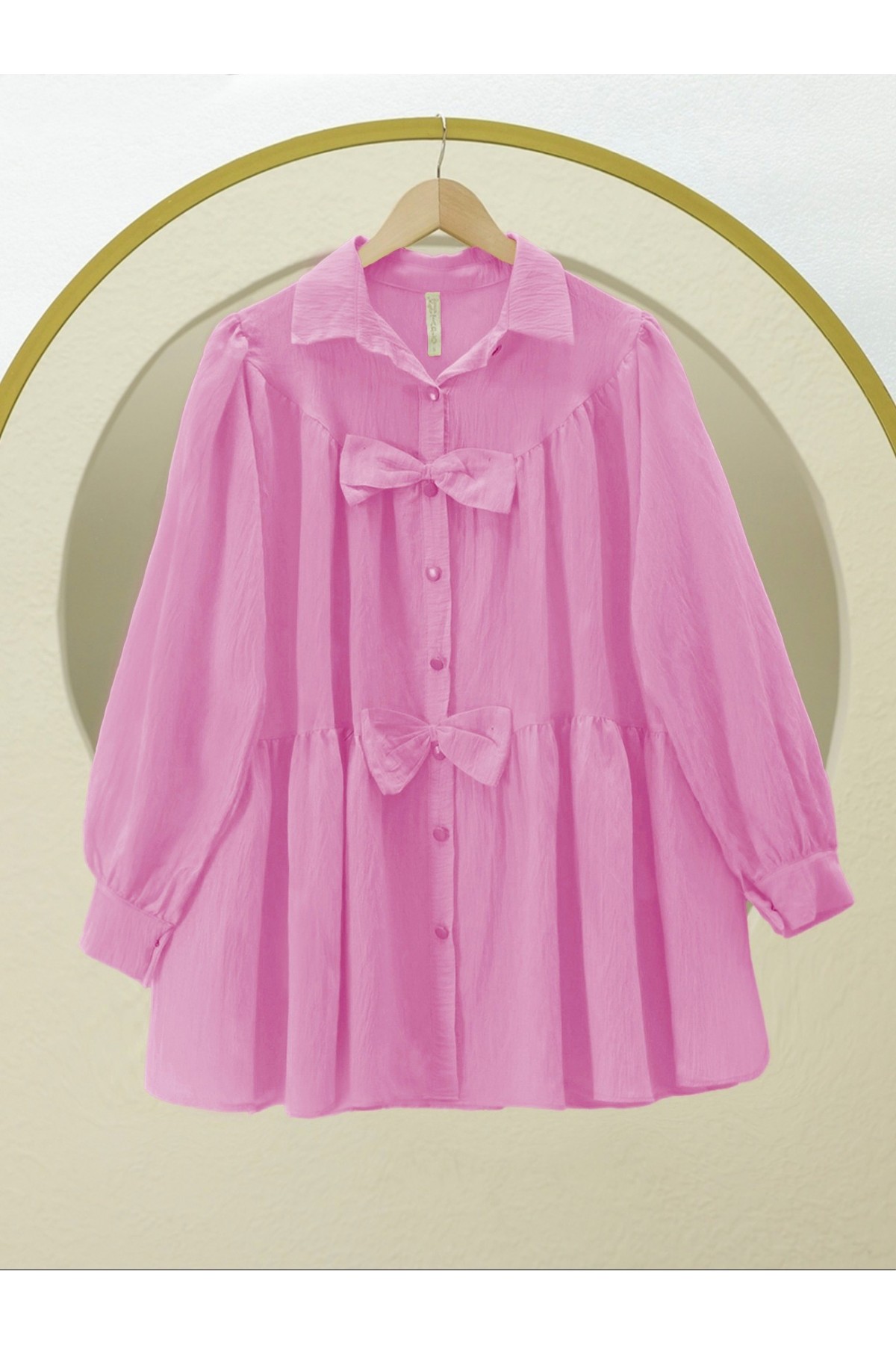 Önü Fiyonk Detaylı Parçalı Gömlek -Pembe