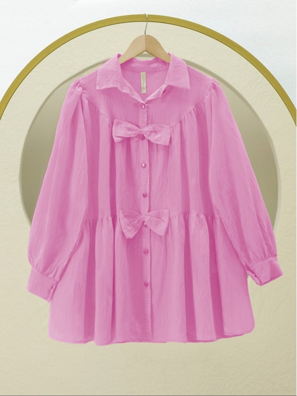 Önü Fiyonk Detaylı Parçalı Gömlek -Pembe