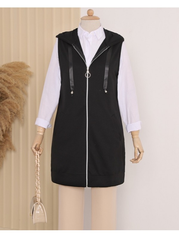 Kapşonlu Penye Yelek -Siyah