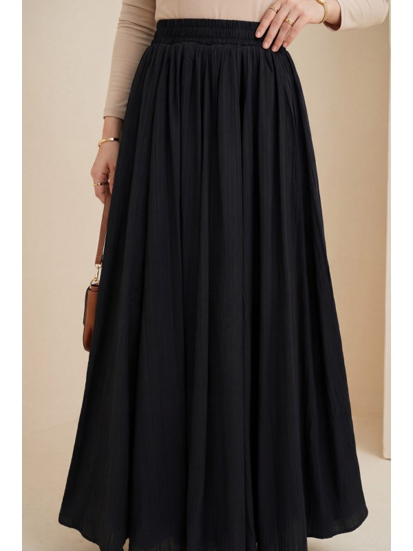 Beli Lastikli Astarlı Uzun Gofre Etek -Siyah