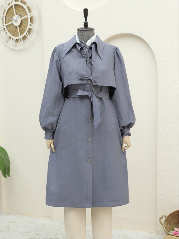 Önü Bağlama Detaylı Düğmeli Cepli Trençkot -Füme