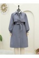 Önü Bağlama Detaylı Düğmeli Cepli Trençkot -Füme