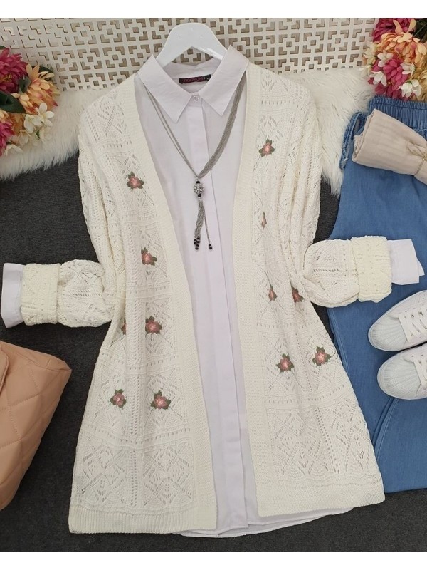 Ajurlu Nakışlı Hırka -Ekru