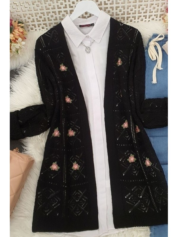 Ajurlu Nakışlı Hırka -Siyah