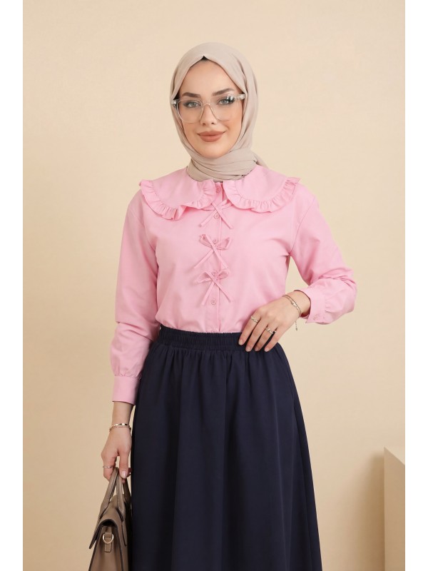 Bebe Yaka Kurdele Detaylı Gömlek     -Pembe
