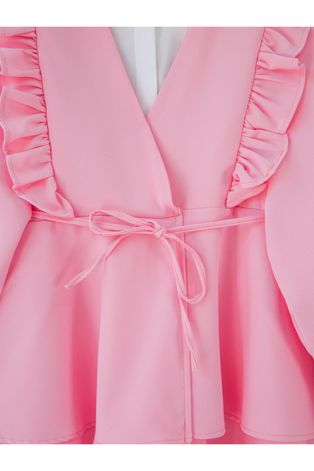 Önü Fırfırlı Bağcıklı Eteği Katlı Pantolonlu Kimono Takım    -Pembe