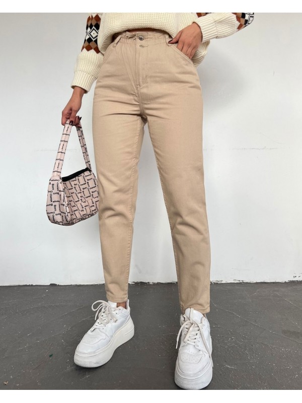 Beli Lastikli Yüksek Bel Kot Pantolon -Vizon