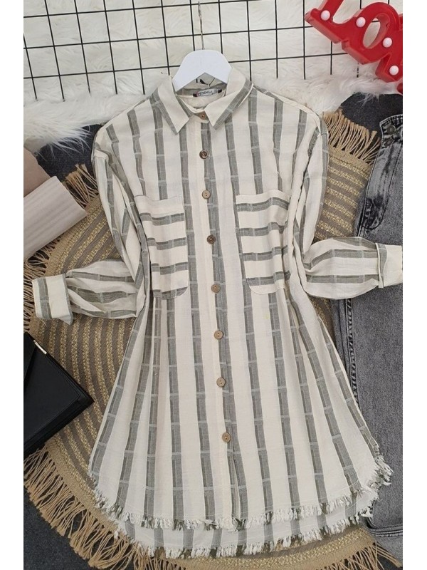 Eteği Püsküllü Gömlek -Bej