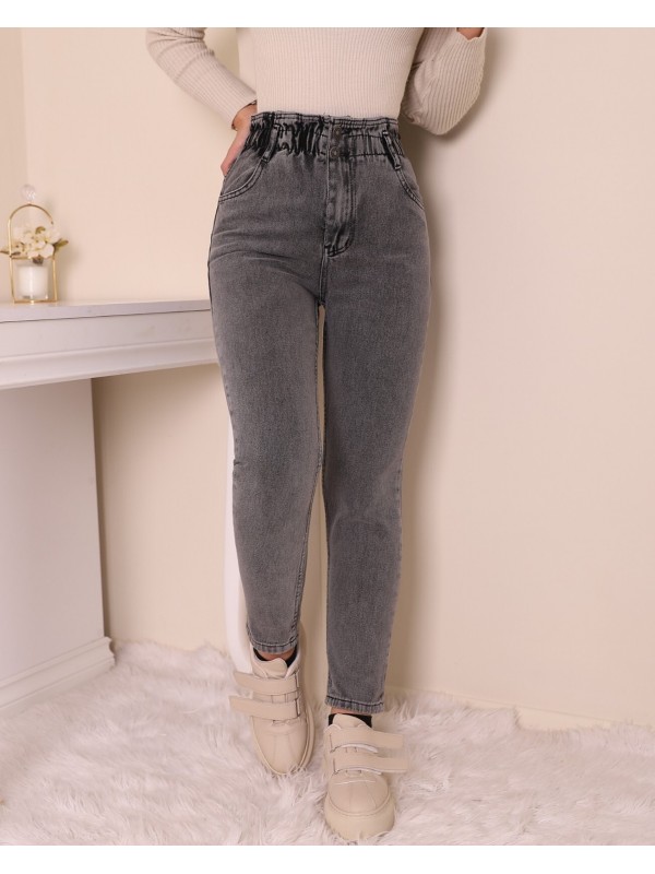 Beli Lastikli Yüksek Bel Kot Pantolon   -Gri