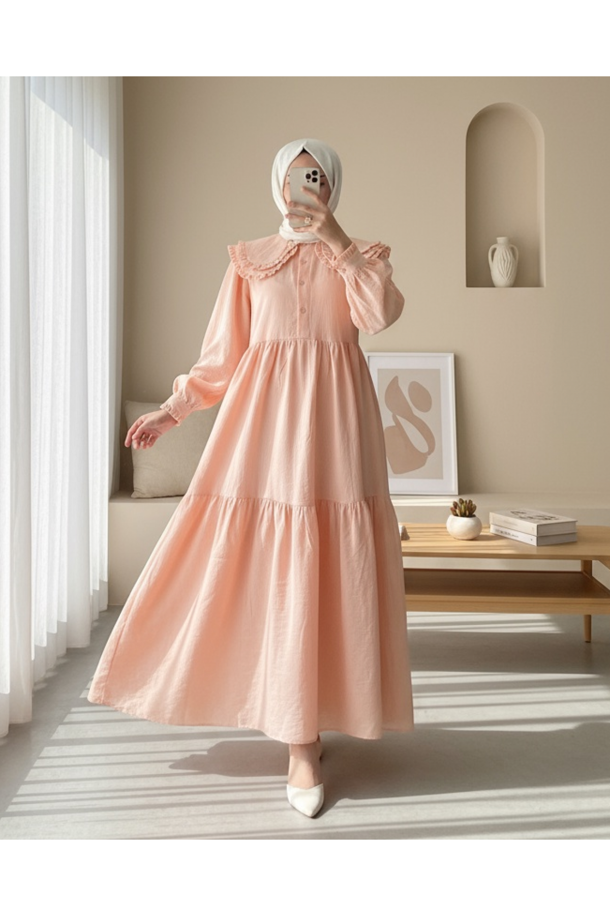 Bebe Yaka Fırfırlı Parçalı İthal Keten Elbise   -Yavruağzı