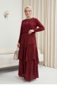 Beli Lastikli Keten Vual Katlı Etek -Bordo