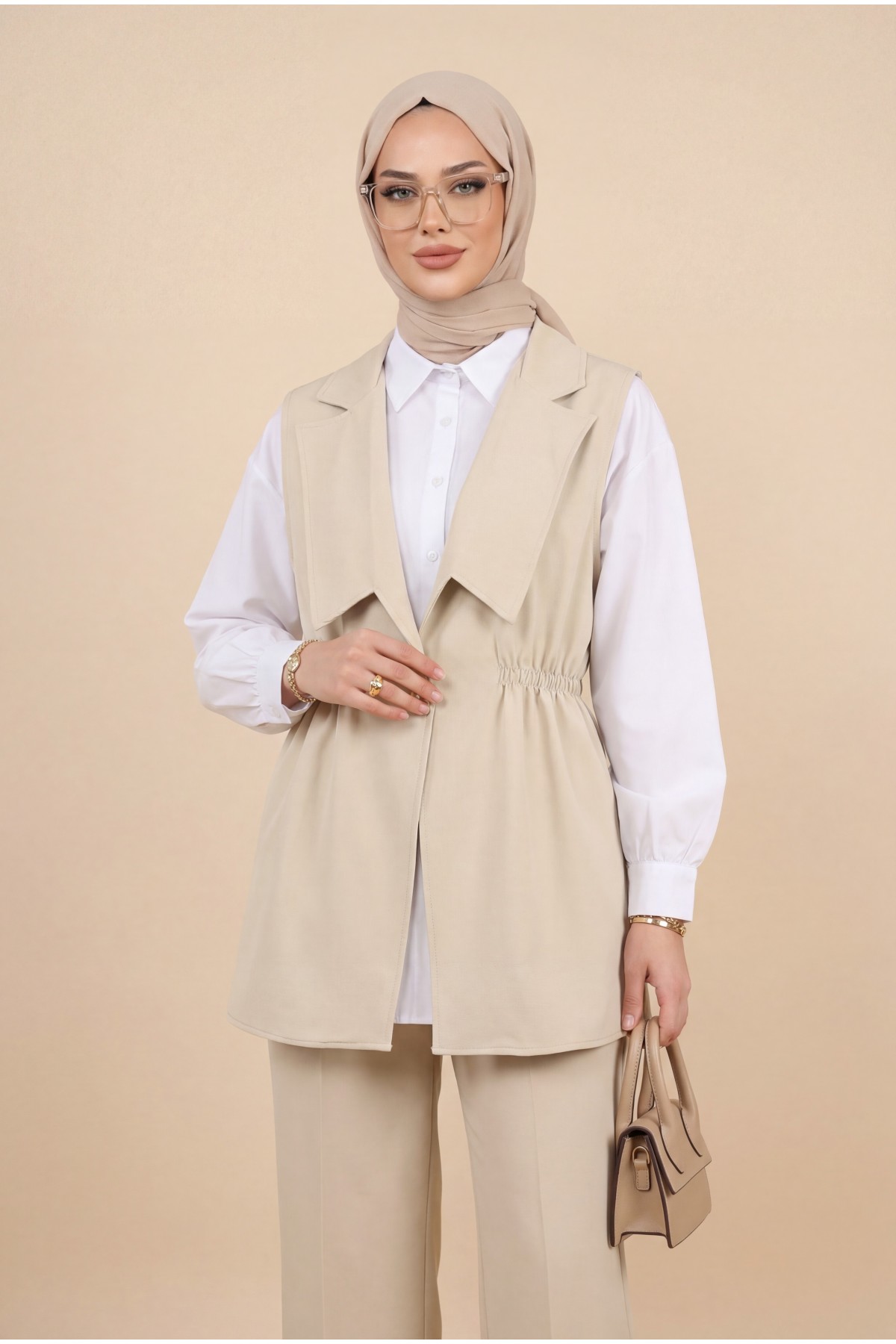 Kruvaze Yaka Beli Lastikli Yelek Pantolon Modal Takım -Bej