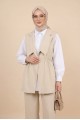 Kruvaze Yaka Beli Lastikli Yelek Pantolon Modal Takım -Bej
