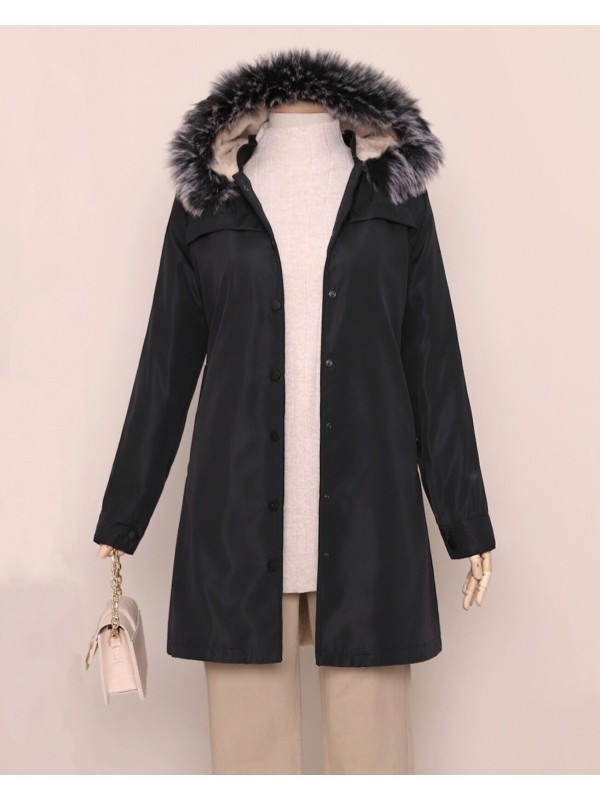 Çıkma Kapşonlu Çıtçıtlı Cepli Kısa Kaban -Siyah