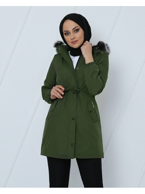 Çıkma Kapşonlu Kolu Lastikli Cepli Kısa Kaban -Haki