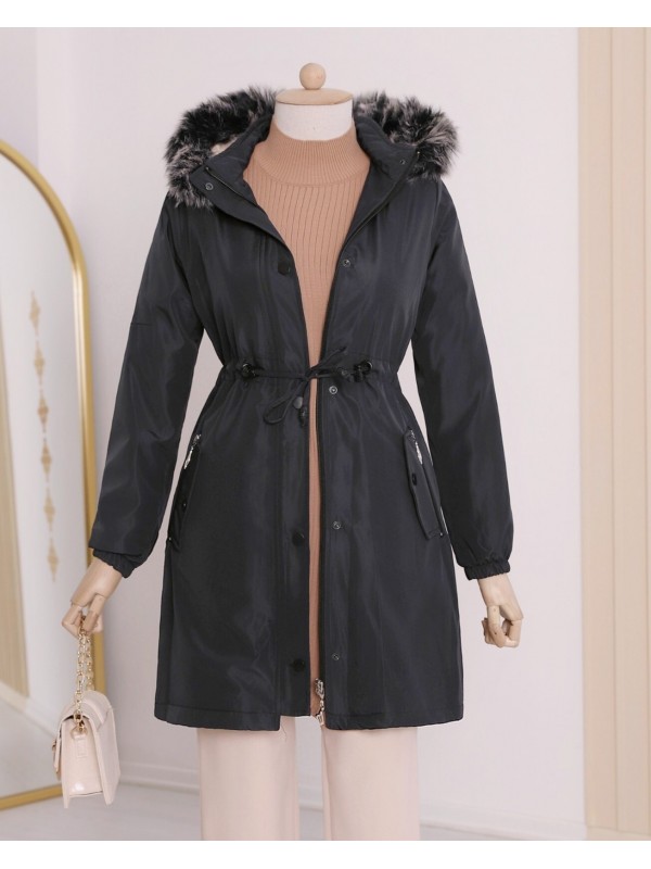 Çıkma Kapşonlu Kolu Lastikli Cepli Kısa Kaban -Siyah