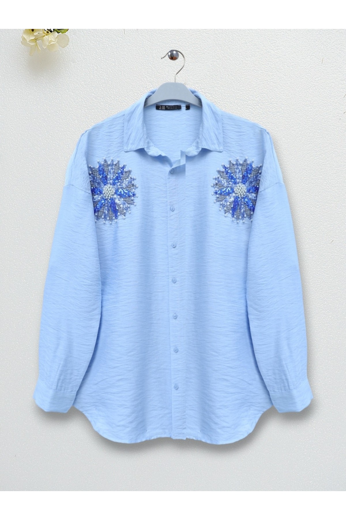Pullu Güneş Nakışlı Gömlek -Bebe Mavi