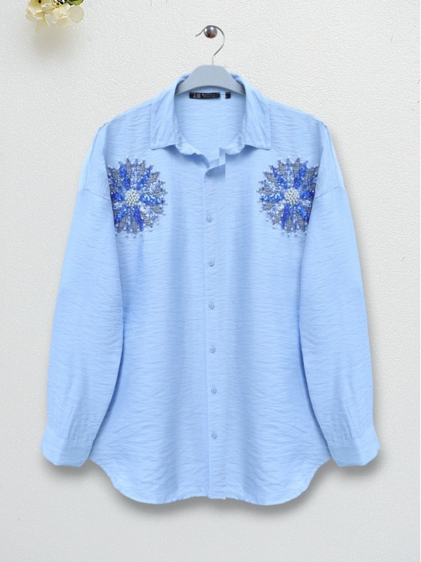 Pullu Güneş Nakışlı Gömlek -Bebe Mavi