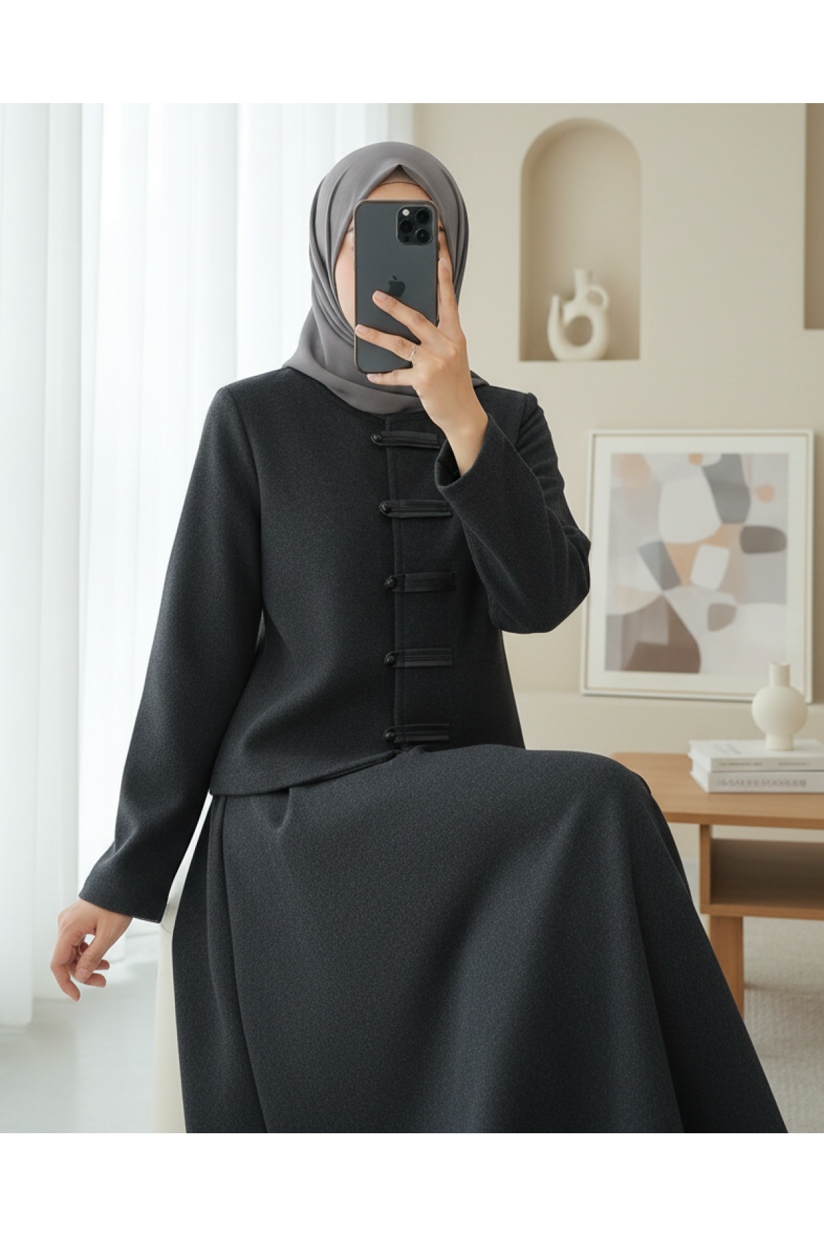 Deri Detaylı Önü Düğmeli Etekli Selanik Takım -Antrasit