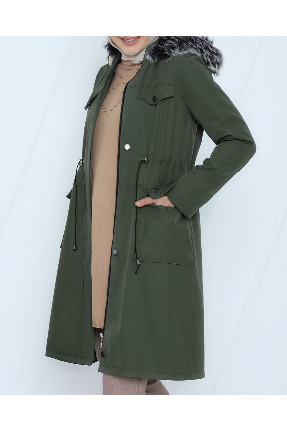 Çıkma Kapşonlu Bağcıklı Bondit Kısa Kaban  -Haki