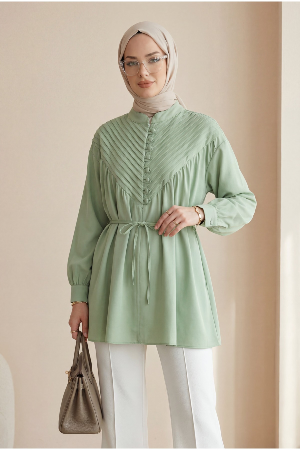 Yarım Düğmeli Nervürlü Bağcıklı Gömlek -A.Yeşil
