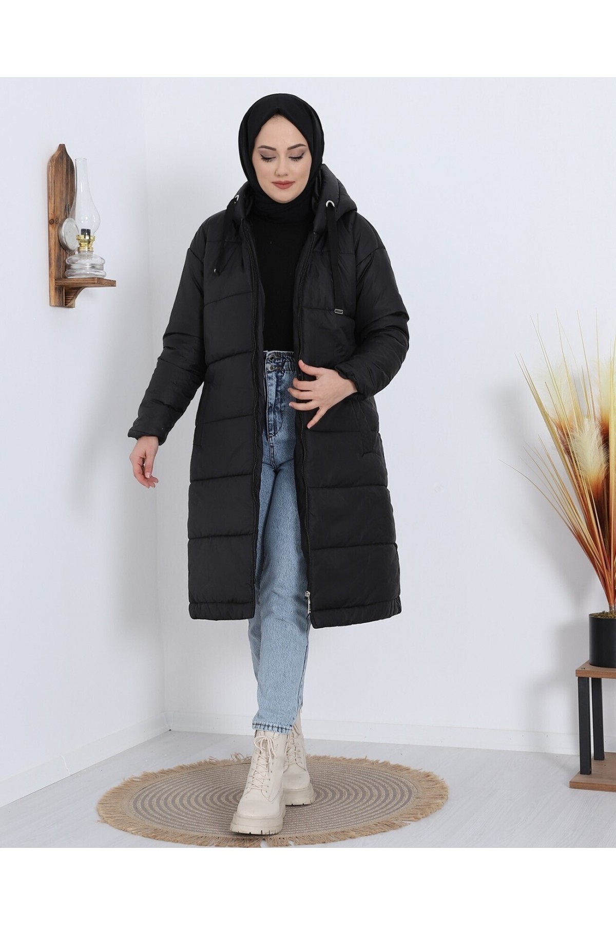 Sabit Kapşonlu Kuş Gözü Detaylı Uzun Kaban -Siyah