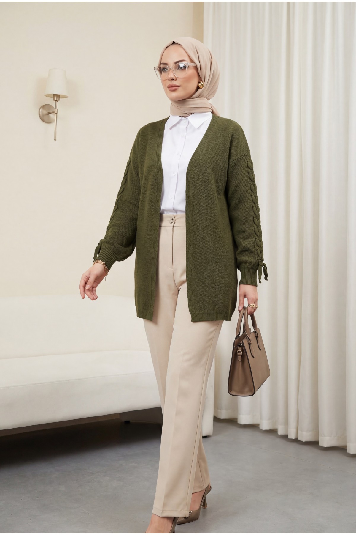 Kolu Saç Örgülü Salaş Triko Hırka -Haki