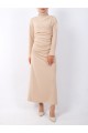 Kayık Yaka Yandan Drapeli Örme Krep Elbise -Bej
