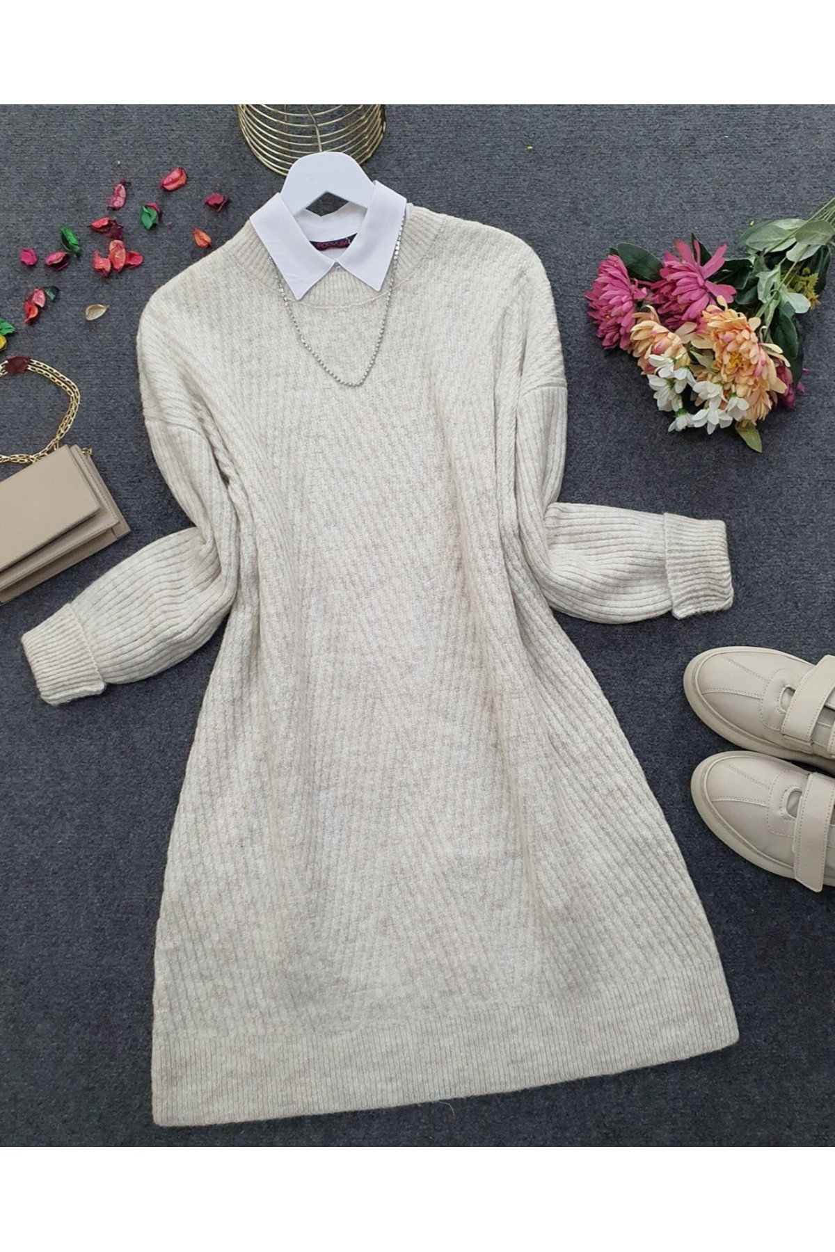 Bisiklet Yaka Baklava Desen Triko Kazak -Taş