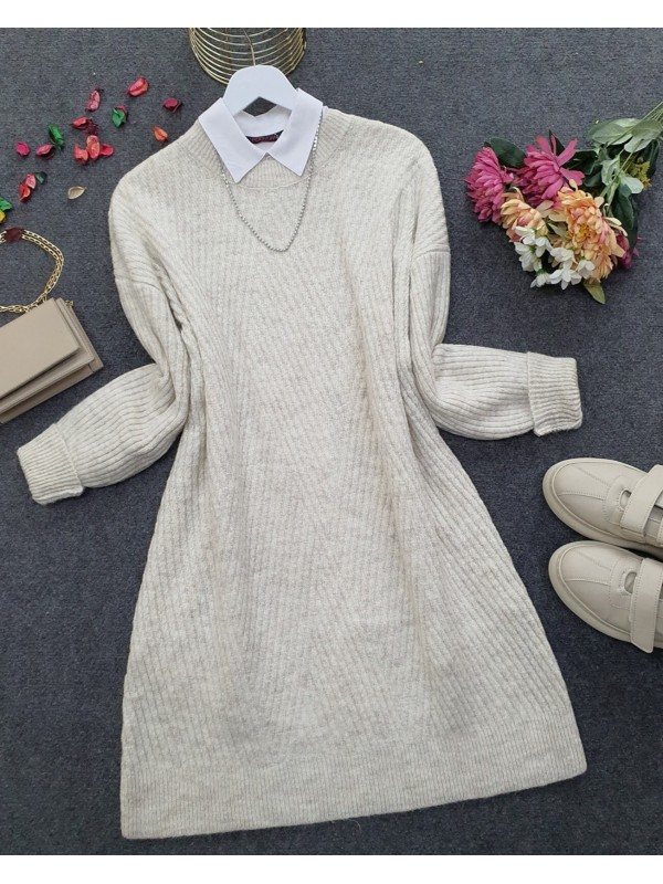 Bisiklet Yaka Baklava Desen Triko Kazak -Taş