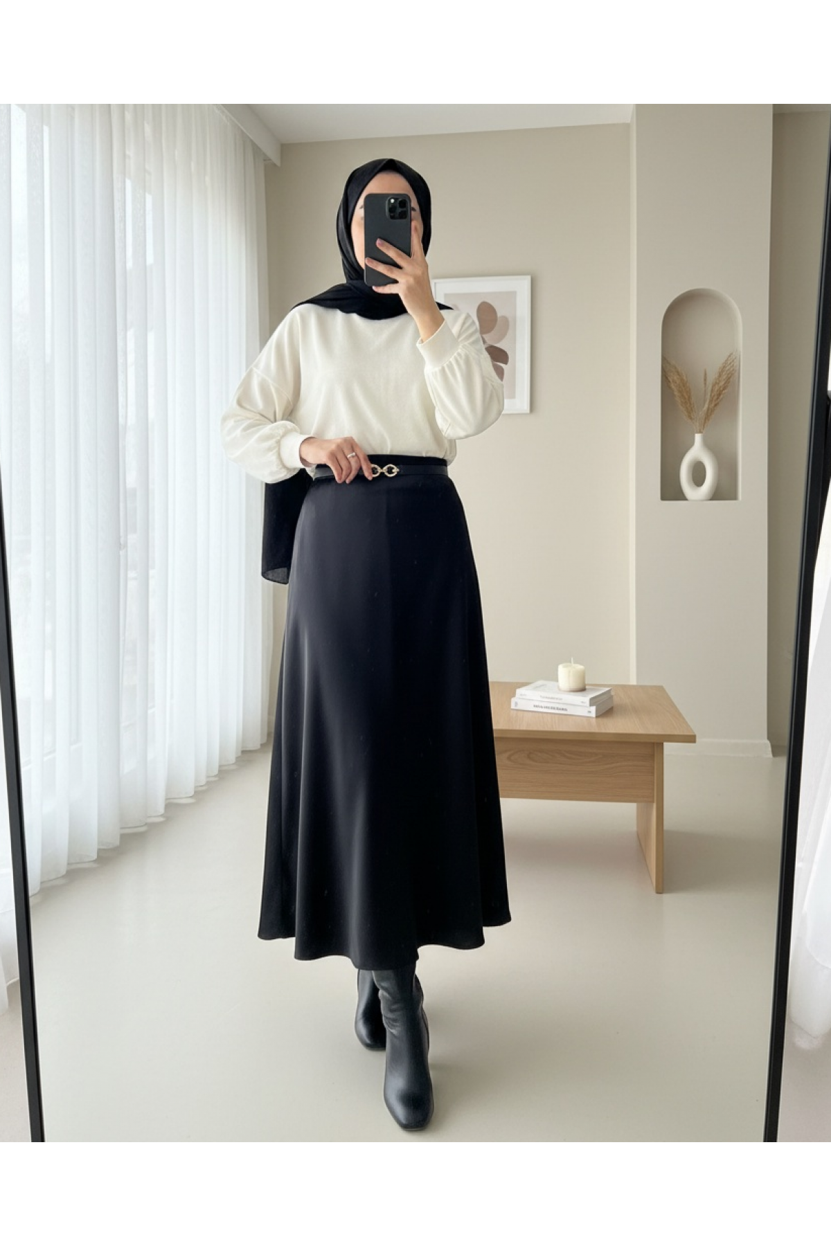 Beli Lastikli Saten Etek -Siyah