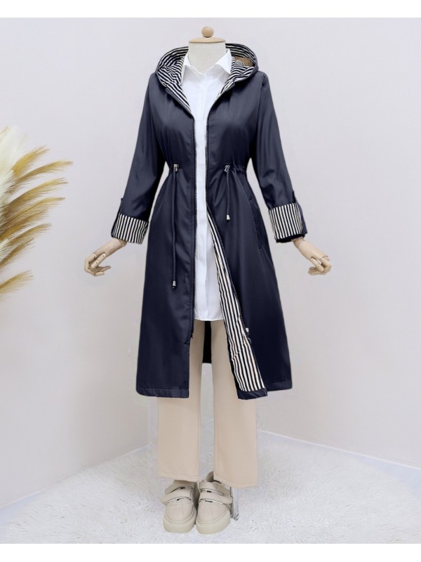 Belden Sıkmalı Kapitone Astarlı Kapşonlu Trençkot -Laci