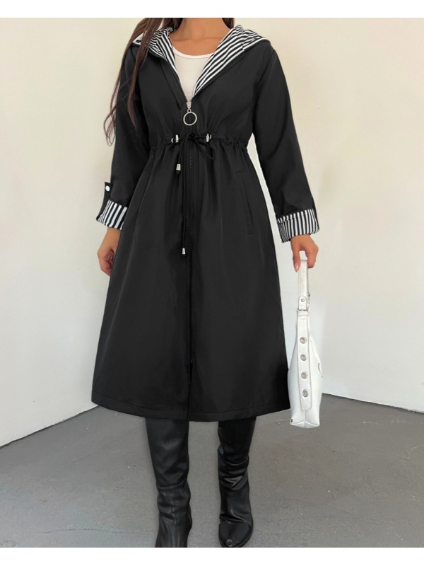 Belden Sıkmalı Kapitone Astarlı Kapşonlu Trençkot -Siyah