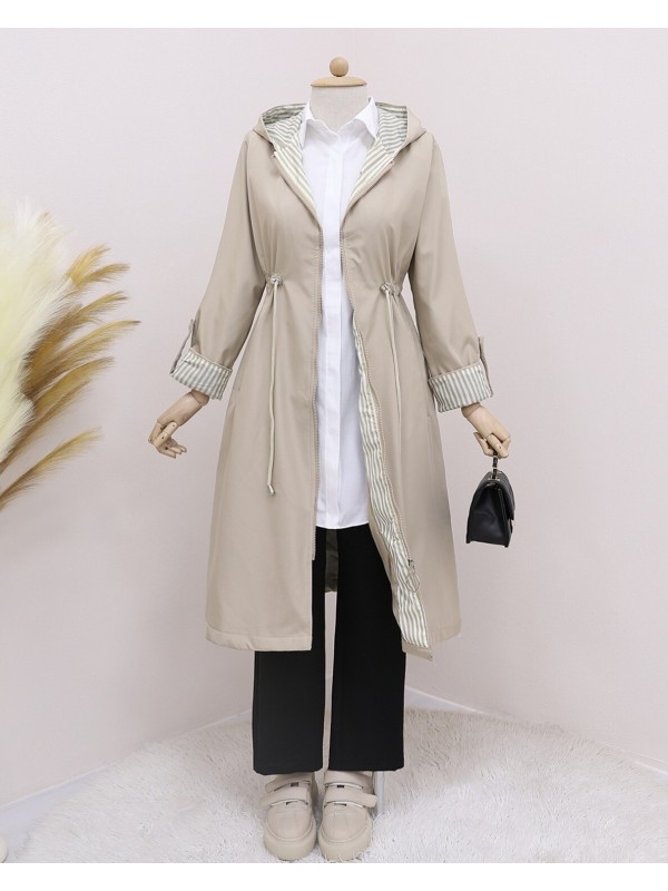 Belden Sıkmalı Kapitone Astarlı Kapşonlu Trençkot -Taş