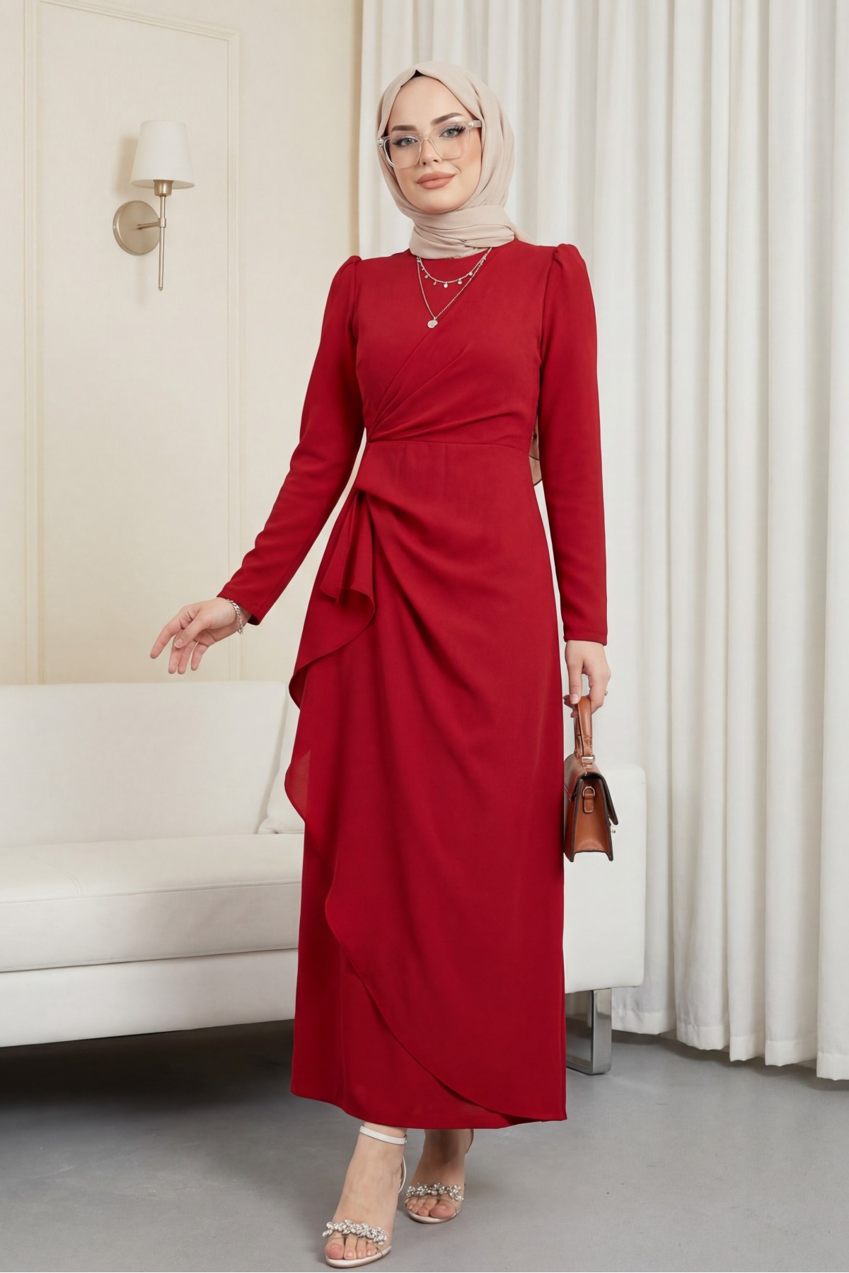 Önü Allerli Eteği Asimetrik Krep Elbise  -Bordo