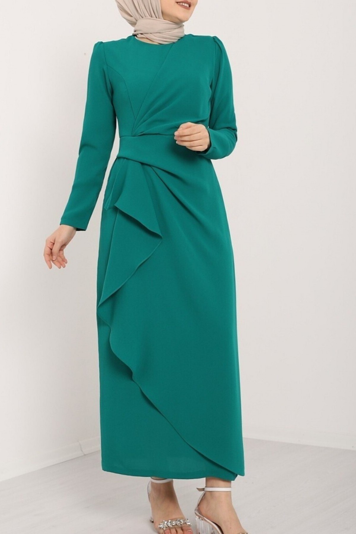 Önü Allerli Eteği Asimetrik Krep Elbise  -Zümrüt