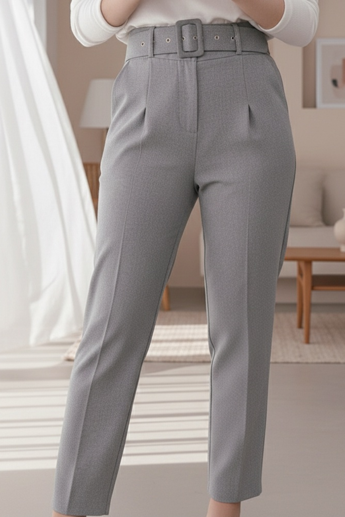 Kalın Kemerli Kumaş Pantalon     -Gri